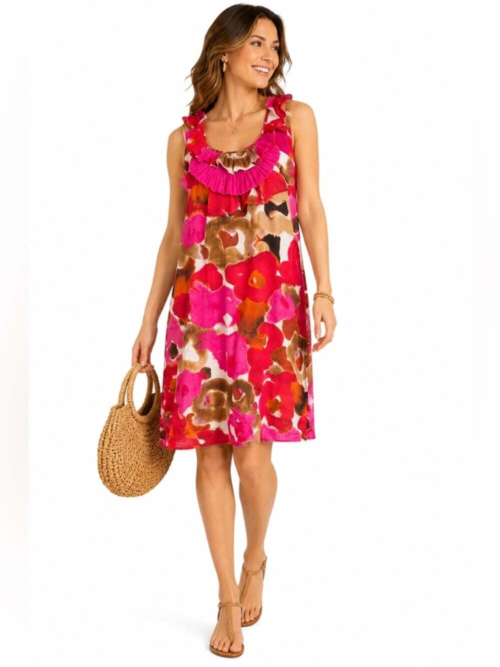 Ann Taylor Loft Floral Midi Dress Medium Ruffle Scoop Neck Sleeveless Cotton